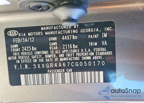 2012 Kia Optima Sx z USA, uszkodzony, nr VIN 5XXGR4A67CG050170